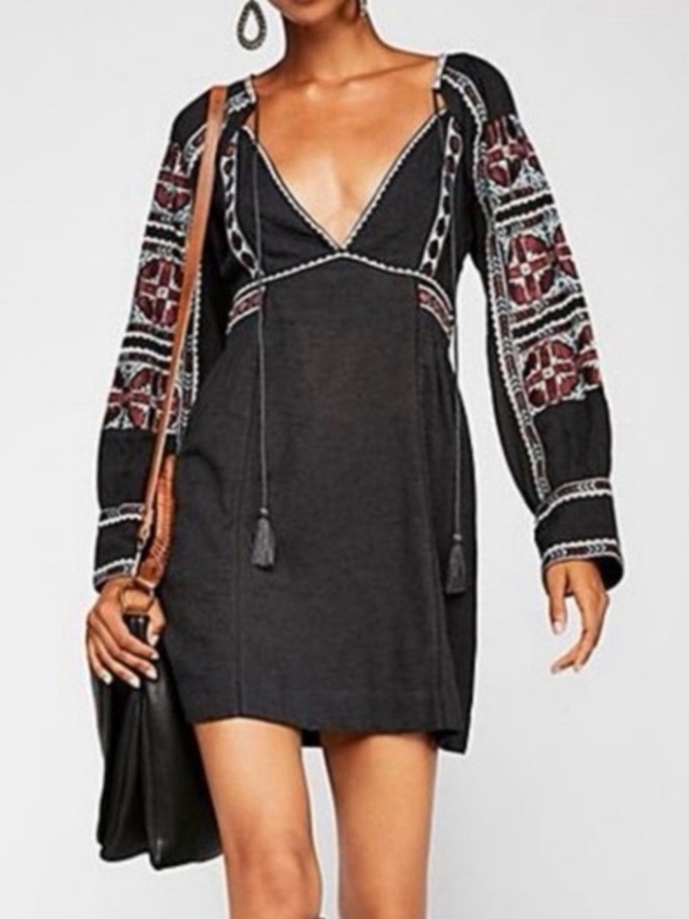 Free People All My Life Embroidered Mini Dress M Charcoal Tassel Tie V-Neck Boho